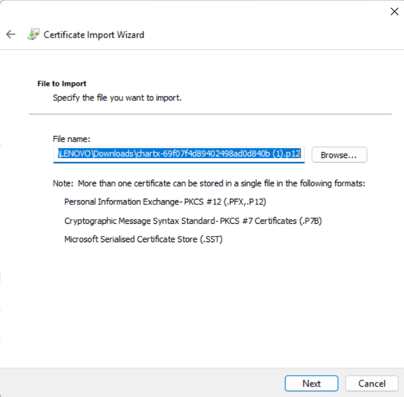 Windows の証明書インポート ウィザードのファイル選択画面(.p12/.pfx のパス)