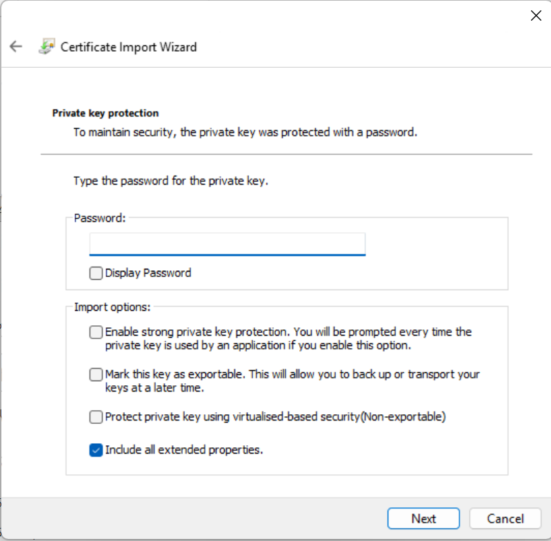 Windows の証明書インポート ウィザードのパスワード入力画面(プライベート キーの保護)