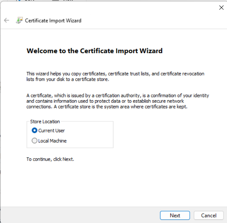 Windows の証明書インポート ウィザード開始画面(Current User を選択)